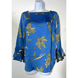 Ann Taylor Blouse Top Small Blue Green Bell Sleeve Ruffle Floral Boho 3/4 Slv